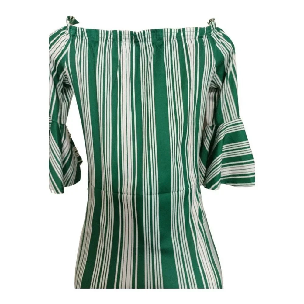 PL51458 Off The Shoulder Flare Sleeve Striped Maxi Dress - Picture 9 of 9